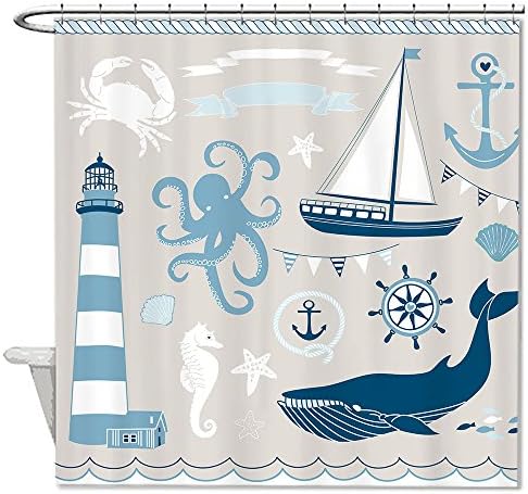 JessPad Sea Ocean Shower Curtain Decorative Ocean Theme Whale Sailing Lighthouse Anchor Polyester Fabric Bathroom Shower Curtains 72" x 72"