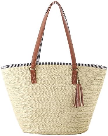 Women New Straw Handmade Large-Capacity Zip Closure Top-Handle Shoulder Bags Beach Tote, Off-White