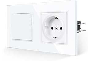JIMEIDA Włącznik światła z gniazdkiem wtykowym w kolorze białym, 16 A, szklane gniazda, podtynkowe, 157 x 86 mm, 250 V