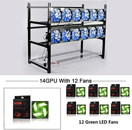 14 GPU Mining Rig Aluminum Stackable Case With 12 LED Fans Open Air Frame Miner Kit For ETH/ZEC/Bitcoin/Decred/Z Cash (Black-GF)