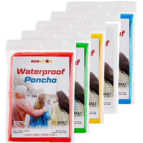 RED STAR 5 Pack de Impermeable Poncho - UNISEX TALLA ADULTA TALLA Lluvia Poncho Perfecto Para Festivales, acampada, themè parques