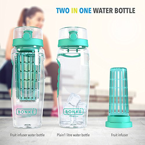 Bonke Trinkflasche für Fruchtschorlen – Große 1 Liter BPA-freie Sportflasche – Wasserflasche mit Gummigriff und extra sicherem Verschlusssystem – 1 Jahr Garantie - 2