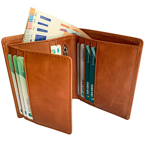 Portefeuille en Cuir de Vachette Véritable avec Poche à Monnaie Zippée et Fenêtre pour ID | Porte-Cartes et Porte-Billets à Trois Volets avec Blocage RFID | Marron