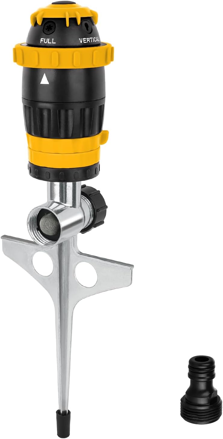 RESTMO Gear Drive Sprinkler with Metal Spike Base, 5-Pattern Heavy Duty Gardening Watering System, Multi-Adjustable Lawn Sprinkle for Garden Plant, Flower Bed and Large Yard Area Watering, Yellow