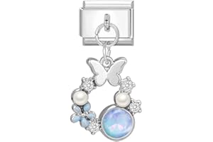 MON & SONS M&S 18K Pearl Rose Gold Silver Evil Eye Dangle Butterfly Hamsa Mum Mom Daughter Stainless Steel 9mm Italian Link Charm Compatible With Nomination Bracelet