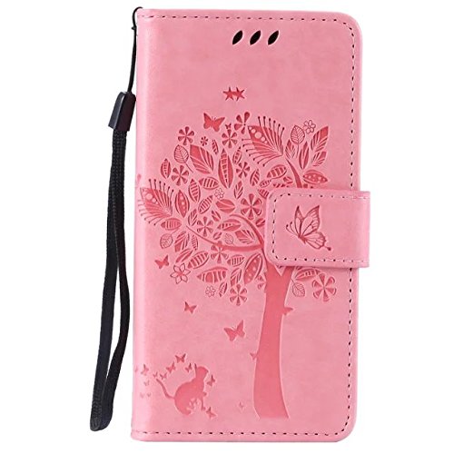 LG LEON LTE / C40 / H340N H320 Hülle Rosa im Retro Wallet Design,Cozy Hut LG LEON LTE / C40 / H340N H320 Hülle Leadertasche Premium Lederhülle Flip Case im Bookstyle Folio Cover Kartenfächer Magnetverschluss und Standfunktion Leder Schale Etui für LG LEON LTE / C40 / H340N H320 (4,5 Zoll) Handytasche Schutzhülle Katzen und Bäume Muster - rosa