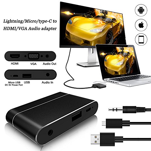 Lightning Digital AV Adapter, HuiHeng Intelligent Conversion Adapter Powered by EZcast USB to HDMI/VGA/Audio For IOS and Android Devices Windows Computers (Black)