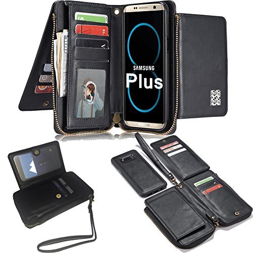 Samsung S8 Plus [6.2 "] Brieftasche Fall, LefRight [12 Card Slot] Vintage Leder abnehmbare Magnetic Flip Kreditkartenhalter Reißverschluss Handtasche Handgelenk Strap