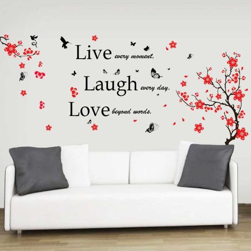 Walplus - Adesivi Grandi da Parete con Fiori e Farfalle Live, Laugh, Love