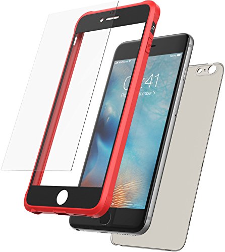 Mobilyos Funda iPhone 6s Plus 360 Grados + Vidrio Templado, [Bumper Flexible Antigolpes ] [ Rojo y Negro ] Funda iPhone 6 Plus Integral con Trasera Transparente Tintada
