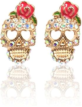 2LIVEfor Bunte Ohrstecker Totenkopf rosa pink groß Kristall Strass Vergoldet Rose Liebe Herz Schädel Ohrstecker...