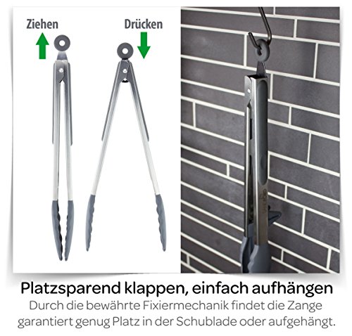 Die schlauere Küchen- und Grillzange! Premium Sandford Küchenzange mit integriertem Standfuß I Hygienisch-sauberes Ablegen beim Kochen, Grillen, Backen und Servieren | Aus Edelstahl mit Silikon in bester LFGB Qualität | lebensmittelsicher & schadstofffrei I Die ideale universal Mehrzweck Zange für Fleisch, Salat, Spaghetti, Wurst, Aufback-Brötchen und vieles mehr… - 6