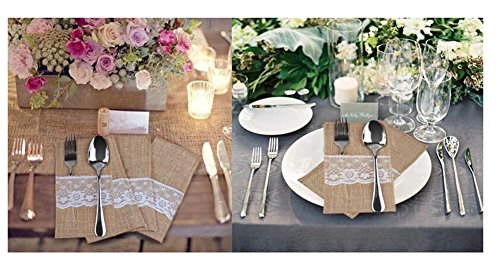 ODN 5pcs / lot natürliche Jute-Spitze-Taschen-rustikale Hochzeits-Geschirr-verpacken-Gabel-Leinwand-Halter-Tischbesteck-Tasche - 2