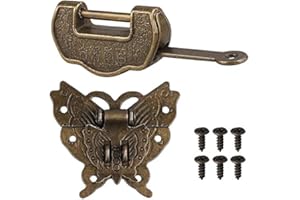 CIRCE-EU Old Style Chinese Carved Vintage Love Lock with Key & Butterfly Latch Hasp & Screws for Cabinet Jewelry Box Gift Box