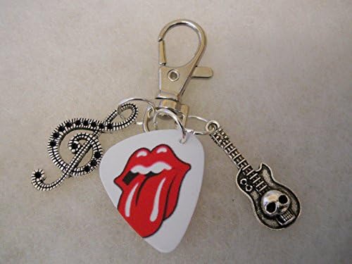 Rolling Stones Guitar Pick With Guitar And Treble Clef Charms. Bag Charm Or Keyring. With Gift Box.