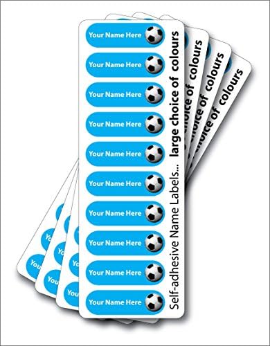 Name Labels, Stick on Cyan Football Name Labels, 40 Pack with Over laminates, Choice of Fun Colours