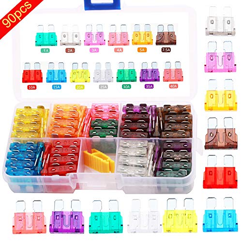 RUNCCI 90Pcs Coche Auto Estándar Cuchilla De Fusibles, 12v Fusibles Coche Mini, para Coche Auto Vehículos moto(1A 2A 3A 4A 5A 7.5A 10A 15A 20A 25A 30A 35A 40A)