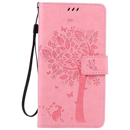 Cozy Hut [Huawei Mate 8 Premium Lederhülle] im Bookstyle Portmonee Tasche Leder Etui Flip Wallet Case Cover mit Katzen und Baum Prägung Muster Handyhülle,Leder Brieftasche Case Hülle mit Standfunktion Kartenfächer für Huawei Mate 8 - rosa