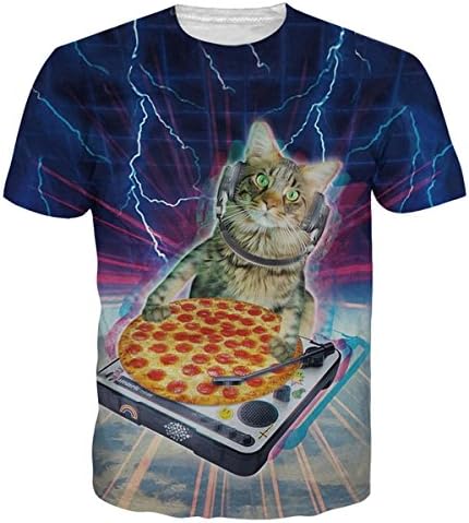HWHColor Men DJ Cat Cook Pizza Funny Tee Shirt Juniors Cool Graphic T-Shirt