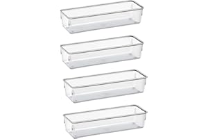 Acrimet Organizador de Cajón Modular, Bandejas de Almacenamiento en Caja para Oficina, Hogar, Maquillaje, Cocina, Cajón de Trastos (4 Piezas) (Plástico Transparente de Cristal)