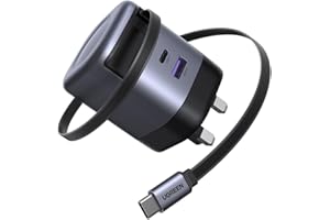 UGREEN USB C Charger 65W Nexode GaN 3-Port Fast Charging Plug with Retractable Cable (0.69m), Compatible with MacBook Pro/Air, iPhone 17 Pro/Air/17/16/15, iPad, Galaxy S25/S24, Steam Deck, etc