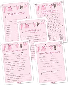 Papery Pop Baby Shower Games for Girls - Set of 5 Activities - (50 Cards Each, 250 Total) - Baby Shower Supplies