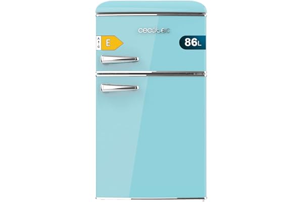 Cecotec Nevera Pequeña Frigorífico 2 Puertas Retro 86L Bolero CoolMarket 2D Origin 86 Blue E. 89,3cm de Alto y 48,7cm de Ancho, Clase Energética E, Icebox, Luz Interior y Tirador Cromado, Azul