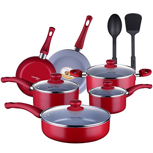 COOKSMARK Lovepan Juego de Ollas y Sartenes Antiadherentes Batería de Cocina de Aluminio Juego de Cacerolas Cerámica con Tapas de Vidrio y Utensilios de Nylon 12 Piezas Rojo Apta para Lavavajillas