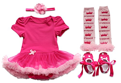 iEFiEL Baby Girl 4pcs Tutu Romper Dress with Headband Leg Warmers Shoes Outfits Clothing Sets Hot Pink Crown 0-3 Months