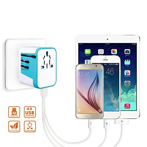 Universal Reiseadapter Reisestecker mit 4 USB-Ports – Leknin All in One Internationaler Reiseadapter für Weltweit Steckdosen US UK EU AU Alles dabei, Wechselspannung & Überspannungsschutz, 2 USB-Ports für schnelles Aufladen (Blau) - 3