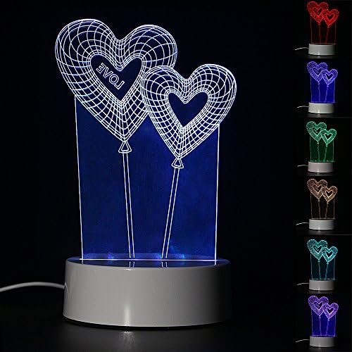 ToyUK 3D Optical Illusion Night Light 3D Lamp 7 Colors-Changing Desk Lamp LED Table Light Amazing Optical Illusion Lighting with Intelligent Remote Control (Double Heart)