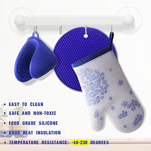 Ofenhandschuhe Und Topflappen Schürze Silikon, Backhandschuhe 2er Set, Doppelt Hitzebeständig, Gummi Grillhandschuhe Profi, Weiß Hellblau Design Blumen, Waschbar, Hochwertig - 8