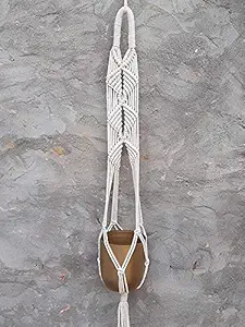 Top Knot Macrame Cotton Plant Hanger with Gold Metal Pot | Rope Flower Pot Holder for Indoor Outdoor Balcony Garden Wall | Home D