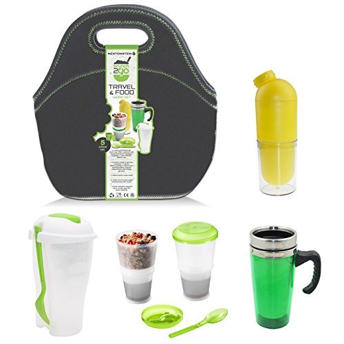 Brunch2Go - 5-teiliges Reise-und Lebensmittelset mit einem Mehrfach-Aufbewahrungsbehälter für Salate/ Mittagessen, einem Frühstücksflocken-/ Müsliaufbewahrungsbehälter mit Kühlpack, Wasserflasche, einer Tasse für heiße Getränke und einer Isoliertasche ? für Mittagessen, Frühstück und Snacks am Nachmittag