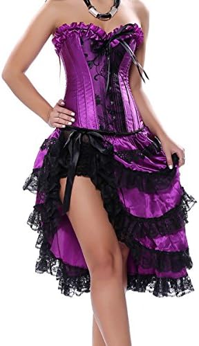 Purple Satin Corset Basques Top Sexy Lingerie + Thong Panty + Skirts UK(6-8) S