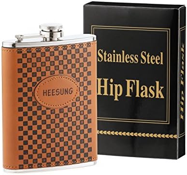 Heesung Stainless Steel Hip Flask Wrapped Brown Leather With Oval Logo, Whiskey Hip Flask And Liquor Flask 8 OZ ,Metal Flask Attached Screw on Cap