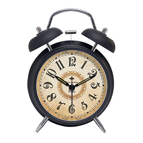 Dobess Metall Doppelglockenwecker mit Nachtlicht , ohne Ticken, 4 Zoll Geräuschlos Retro Analog Quarzwecker Glockenwecker ( Arabische Ziffern, Schwarz )