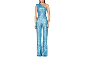 shownicer Mujeres Lentejuelas Sexy Mono Verano de un Hombro sin Mangas Pantalones Largos Casual Pierna Ancha Cintura Alta Sólido Mono