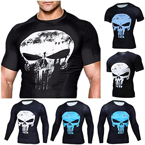 HengChi Men Superhero Punisher T-shirt Compression Short Sleeve Gym Sport Jersey (Blue, 2XL)
