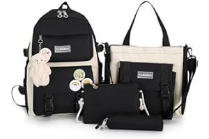 MBVBN 4pcs School Bags Set Kawaii Backpacks for Teen Girls School Backpack School Aesthetic Backpack with Accessories, Black, Large