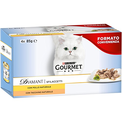 Purina Gourmet Diamant Umido Gatto Sfilaccetti con Pollo Delicato e Sfilaccetti con Tacchino Saporito - 96 Lattine da 85 g Ciascuna (24 Confezioni da 4 x 85 g)