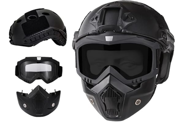 Casque Airsoft et Masque Complet, Lunettes Airsoft Détachables, Casque Paintball PJ Fast avec Support NVG Avant et Rail Latéral