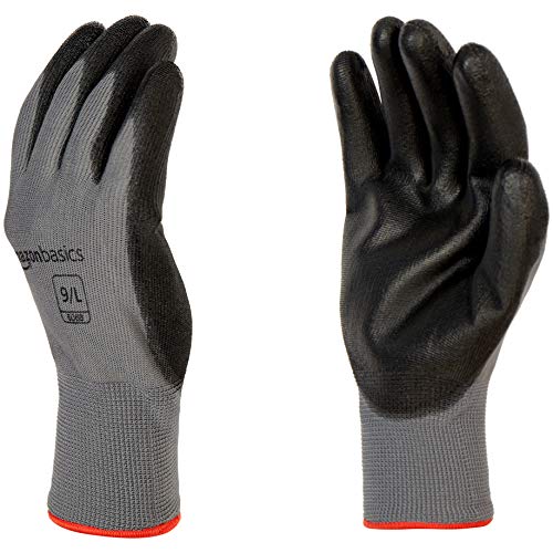 Preisvergleich Produktbild AmazonBasics - Handschuhe mit Polyurethan-Beschichtung, Polyesterfaser-Futter, Touchscreen-geeignet, Grau, Größe 9 (L), 12 Paar