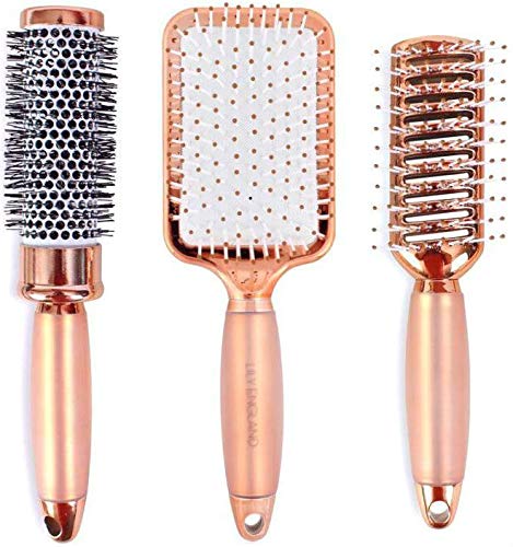 Lily England Set de Cepillos de Pelo Luxury para el Cabello - Cepillo Plano, Cepillo Redondo Cilíndrico de Secado y Peine- Oro Rosa