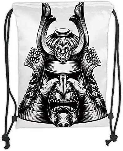 ZiJface Drawstring Backpacks Bags,Japanese,Vintage Style Oriental Demon Samurai Mask Helmet Eastern Style Martial Art Print,Black White Soft Satin,5 Liter Capacity,Adjustable String Closur
