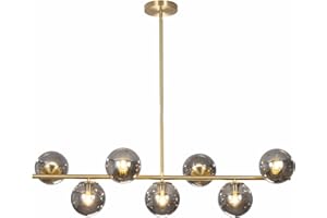 KCO Lighting Lampadario Mid Century Globe Sputnik, lampada a sospensione lineare in ottone dorato, lampadario a sfera in vetro grigio fumo a 7 luci per isola cucina, sala da pranzo