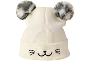 Textiles 4 Home Women’s Girls Knitted Winter Beanie Hat with Two Pom Poms and Embroidered Cat Whiskers