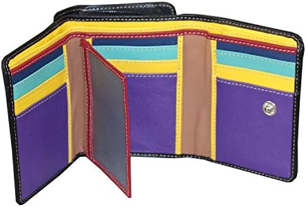 Ladies Luxury High Quality Soft Black Multi Coloured Inside Hand Stitched Real Nappa Leather RFID blocking Small Multi Compartment Purse Large Multi Credit Card Wallet with Zip Up Coin Compartment