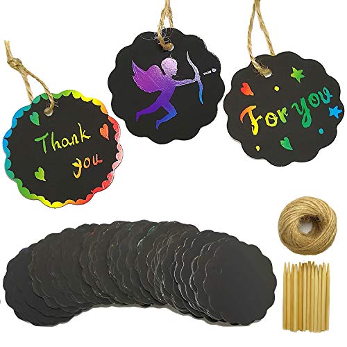 Guwheat Etiquetas de regalo de 100 piezas Scratch Art Rainbow, con herramientas para rascar y 100 pies de cordel para la boda de San Valentín (Negro Diámetro 6CM)