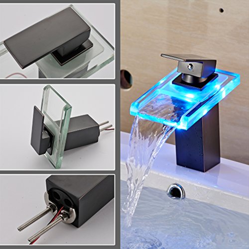 Auralum® Zeitgenössig Schwarz LED RGB Glas Mischbatterie Wasserhahn Armatur Wasserfall für Bad Badezimmer Spüle Waschtisch Waschtischarmatur Küchen - 5